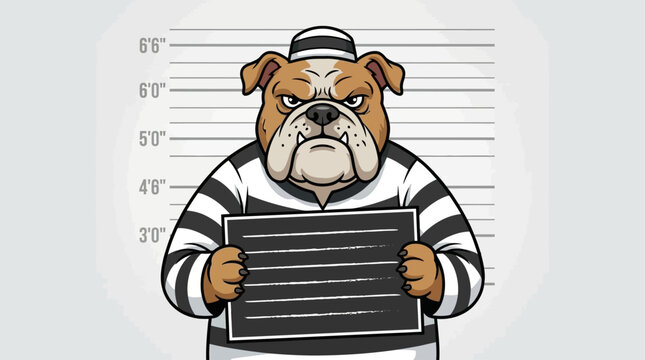 Humorous vector illustration of a guilty canine criminal character standing in a police lineup while holding a black identification mugshot board for a funny jailhouse arrest concept.