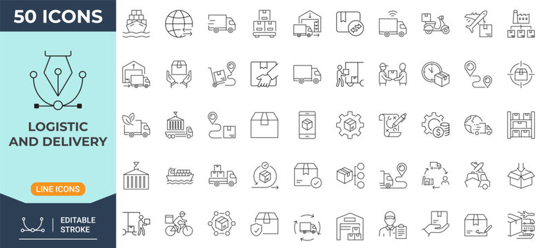 Logistic and delivery icon set. Modern icon in outline style. Collection of delivery truck, package, warehouse, shipping, and tracking symbols. Editable stroke. Vector icon collection.