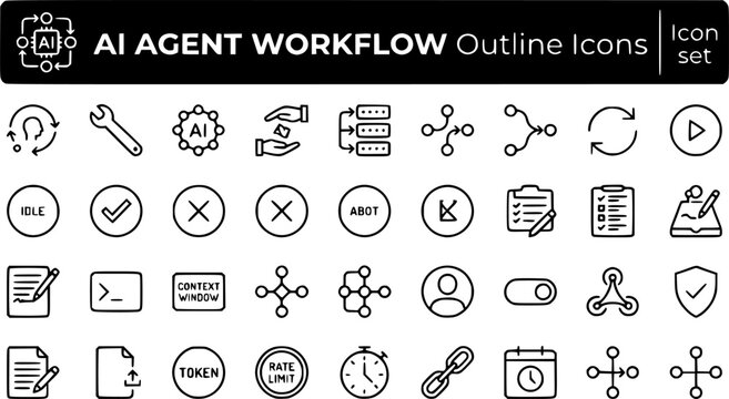 AI Agent Workflow Outline Icon Set Thinking Loop Tool Call Memory Handoff Task Queue Spawn Merge Retry Planner Executor Scratchpad Context Window Branch Kill Switch 30 Icons Editable Strokes Line Art 