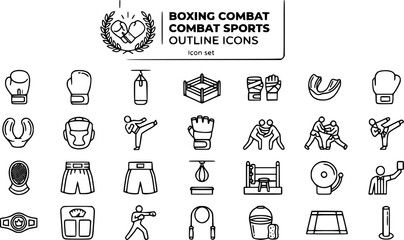 Naklejka premium Boxing Combat Sports Outline Icon Series Glove Punching Bag Ring Wraps Mouthguard Sparring Kickboxing MMA Wrestling Judo Karate Fencing Championship Belt 25 Icons Editable Strokes Line Art Sport 