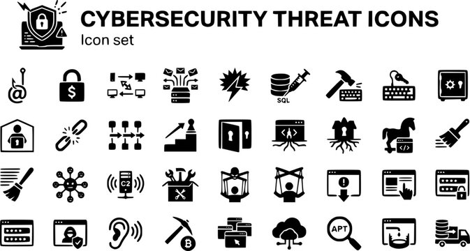 Cybersecurity Threat Icon Set Phishing Hook Ransomware MITM DDoS Zero-Day SQL Inject Brute Force Keylogger Insider Threat Backdoor Rootkit Trojan Wiper Botnet C2 Server 30 Icons Editable Strokes Flat 