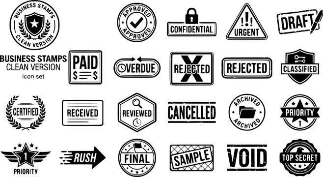 Business Stamps Seals Clean Version Approved Confidential Urgent Draft Paid Overdue Rejected Classified Certified Received Pending Reviewed Cancelled Priority Rush Final Void Top Secret 20 Stamps Vect