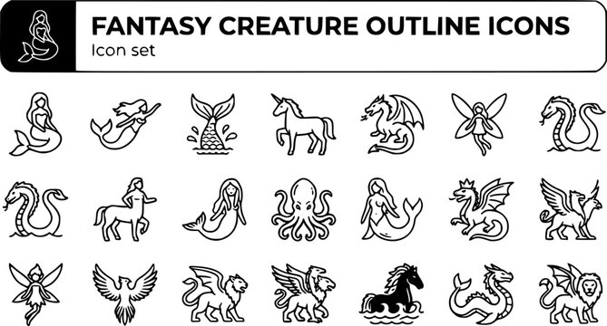 Fantasy Creature Outline Icon Set Mermaid Unicorn Dragon Fairy Phoenix Sea Serpent Centaur Selkie Kraken Siren Griffin Sprite Basilisk Hydra Chimera Harpy 20 Icons Editable Strokes Line Art Mythology 