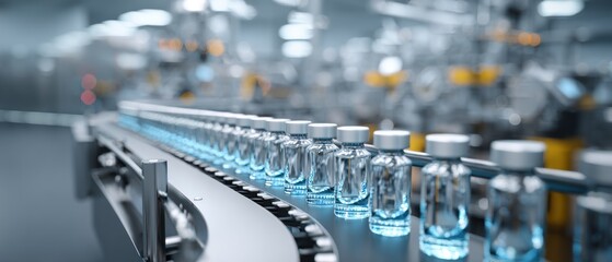 Fototapeta premium Medical vials on production line industrial background concept healthcare