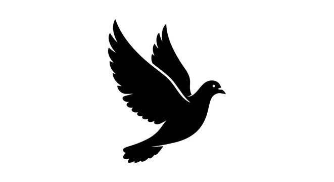 Elegant Black Silhouette of a Dove in Graceful Flight, Symbolizing Peace, Freedom, and Hope &ndash; A Serene Graphic Icon for Spiritual or Tranquil Design Projects