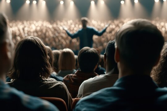 Audience watching a speaker on stage with dramatic lighting in a large auditorium, back view.