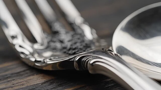 Closeup of Black Caviar Grains on a Silver Fork and Spoon.