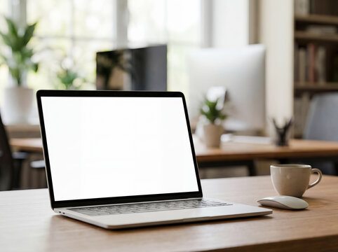 mockup blank white laptop screen desk website presentation design design alternate angle adds realistic environment depth polished styling and flexible visual context open computer on clean workspace