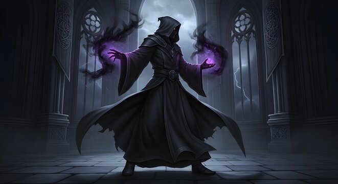 Wizard stands in a gothic cathedral hall while casting dark magical energy from his hands.