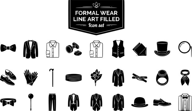 Formal Wear Line Art Filled Icon Set Bow Tie Tuxedo Dress Shirt Cufflinks Waistcoat Pocket Square Top Hat Monocle Cummerbund Boutonniere Formal Coat 25 Icons Flat Vector Silhouette Editable Strokes
