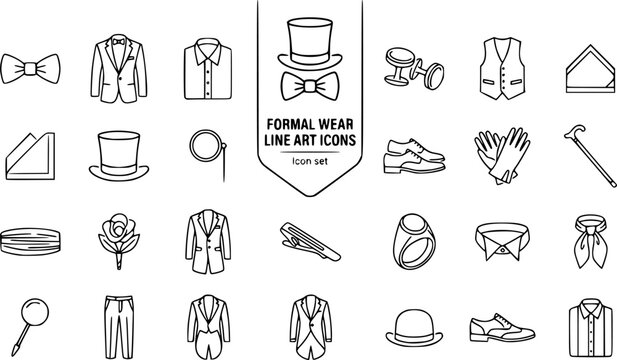 Formal Wear Line Art Icon Set Bow Tie Tuxedo Dress Shirt Cufflinks Waistcoat Pocket Square Top Hat Monocle Gloves Cummerbund Boutonniere Formal Coat Tie Clip 25 Icons Continuous Line Art Editable 