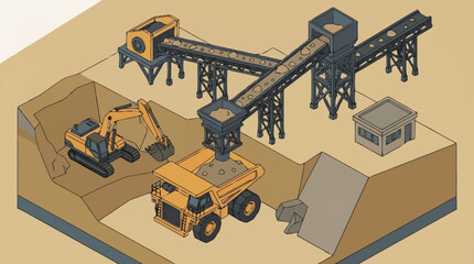 Industrial mining operation with excavator and dump truck. © Pras