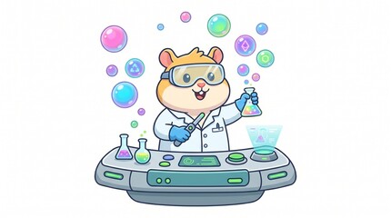 Fototapeta premium Cute Science Mascot Hamster with Futuristic Lab Equipment Vector Design