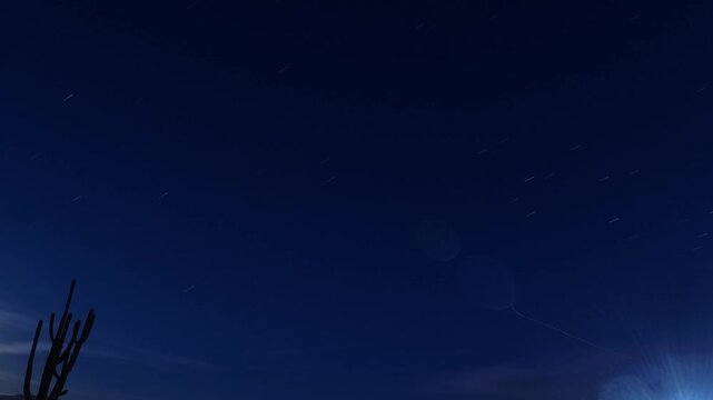 Jet and International Space Station pass with star trails - time exposure