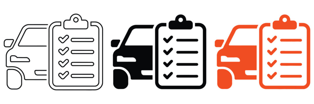 Vehicles with checklists for efficient car maintenance and inspection, car maintenance vector icon set for automobile care applications, mechanic service graphics, vehicle inspection forms, and 
