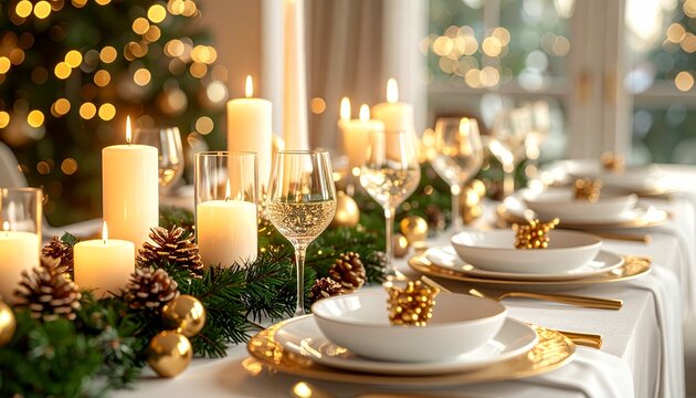 Festlich gedeckter Weihnachtstisch mit goldener Dekoration