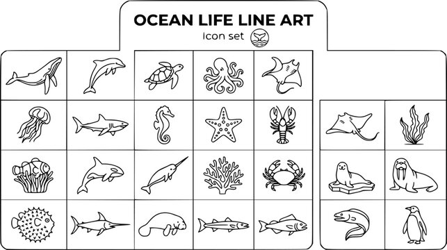 Ocean Life Marine Line Art Icon Set Humpback Whale Dolphin Sea Turtle Octopus Manta Ray Jellyfish Shark Seahorse Starfish Clownfish Orca Narwhal Stingray Seaweed Coral 25 Icons Continuous One Line Vec
