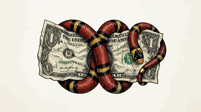 Hand-drawn vector illustration of a regal king snake coiling around a crumpled paper currency note, symbolizing financial greed, wealth, and the dangerous squeeze of economic power.