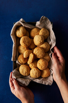 Butter Orange Cookies on Blue Background in Tray