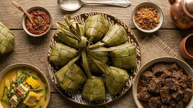 An overhead flat lay of traditional Indonesian Eid Al-Fitr dishes featuring a bunch of ketupat rice cakes on a batik plate, served with beef rendang and sayur lodeh on a rustic wooden table.
