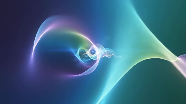 Abstract visualization of flowing neon waves and translucent ribbons featuring gradients of purple, blue, cyan, and yellow moving horizontally across a dark black background.