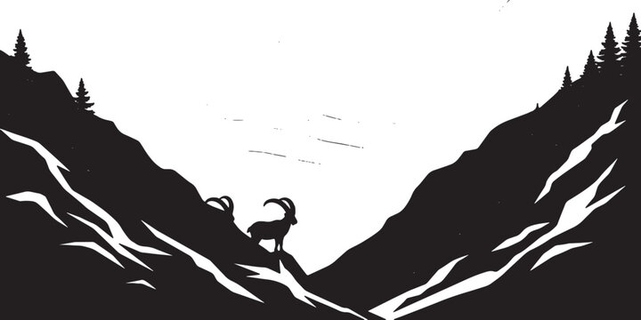 Minimalist vector silhouette illustration of a glacial mountain range and icebergs in a polar landscape, featuring sharp peaks and frozen terrain in the Arctic region.