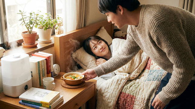 boyfriend support sick girlfriend healthy meal compassionate help support care compassionate angle highlights practical assistance dignity and human connection young man serving hot food to ill