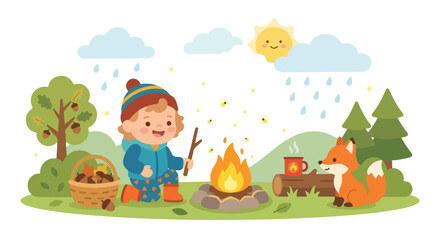 Naklejka premium A whimsical vector illustration shows a happy child and a friendly fox sitting by a cozy campfire in a rainy, autumnal forest scene.