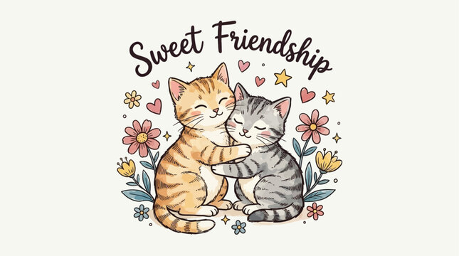Hand-drawn adorable kitten companion illustration featuring a sweet friendship slogan, artistic feline buddy vector graphic, charming kitty pal artwork, creative pet drawing design.