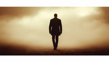 Solitary Figure Walking Through a Hazy Landscape
