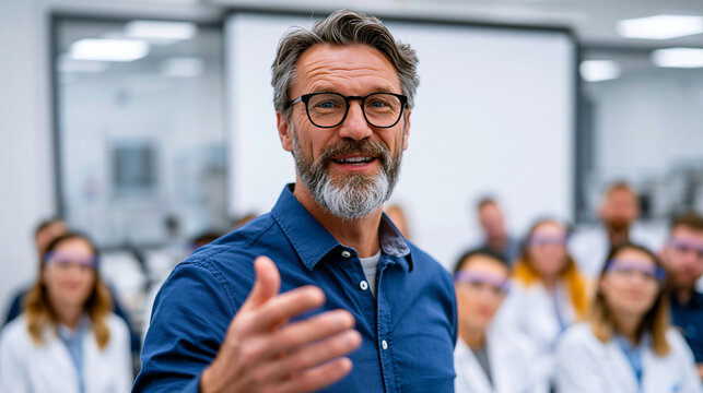 A realistic commercial stock photo of a pharmaceutical manufacturing quality control training seminar, senior quality manager presenting to group of lab technicians and production