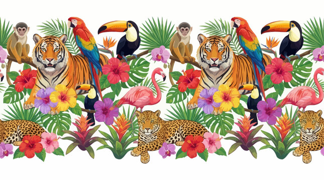 Vibrant Seamless Horizontal Pattern Featuring Tropical Jungle Wildlife, Exotic Parrot, Spotted Leopard, Colorful Hibiscus Flower, Lush Palm Foliage, Botanical Vector Illustration Background Art
