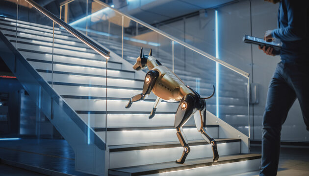 Advanced Robotic Dog Climbing Stairs in Modern Laboratory