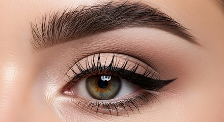 Naklejka premium Closeup of elegant eye with winged eyeliner and natural eyebrow.