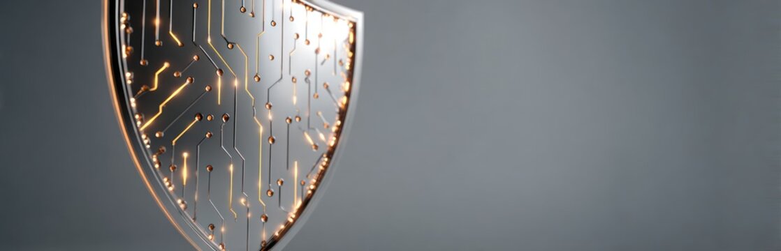 Metallic shield with circuit board design in front of a gray gradient background