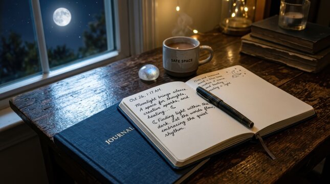 Emotional workspace support moonlight reflections on desk cozy home environment personal journal content