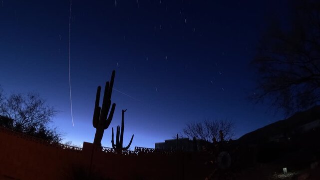 Space station passing overhead with jet trails - time exposure