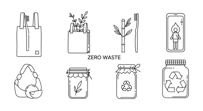 Eco-friendly icons illustrate zero waste lifestyle with reusable bags and jars
