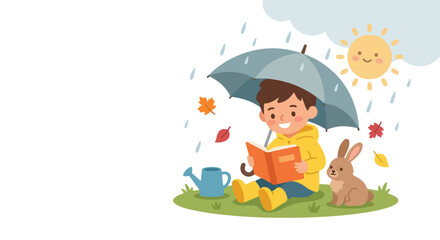 Naklejka premium A boy in a yellow raincoat reads a book under an umbrella during a sunshower, accompanied by a small rabbit and falling leaves.