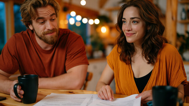 Couple co-founding startup reviewing equity split agreement at kitchen table late evening, partnership agreement documents spread between coffee mugs, co-founder relationship navigating both profess