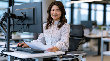 Ergonomic standing desk workstation with adjustable monitor arms, lumbar support chair, wrist rests, and cable management, office worker in focused posture reviewing documents in bright open-plan co