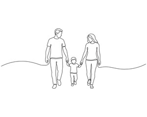 Continuous line drawing of happy family walking together holding hands vector minimalist art illustration. © sticker01
