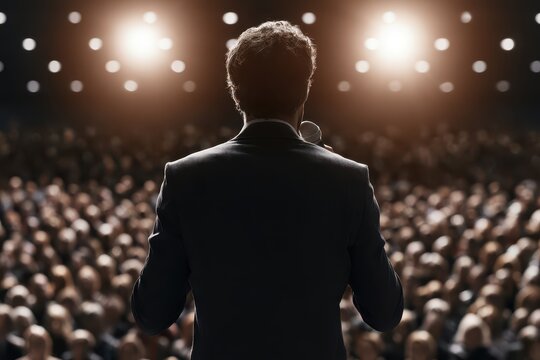 Speaker addressing a large audience in a dimly lit auditorium with spotlights illuminating the stage.