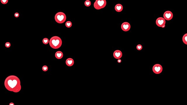 Floating love reactions for social media live streaming on black background, flying moving upwards direction. Love button emoji motion graphic, social media interaction bubbles floating up animation