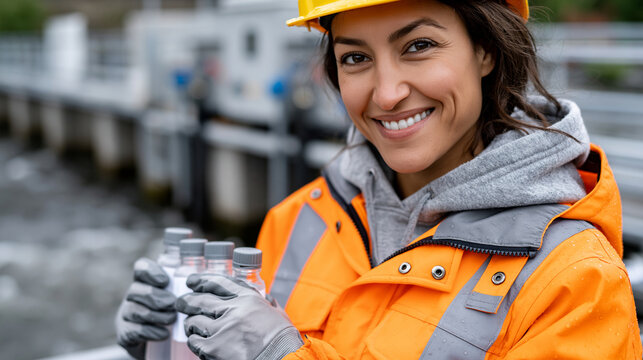 A realistic commercial stock photo of a professional female engineer collecting water samples from river monitoring station at environmental field site, safety helmet gloves and pl