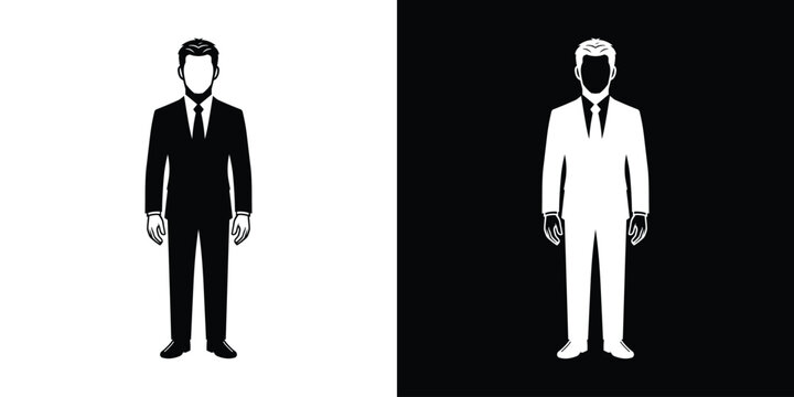 Businessman vector icon set. Front view silhouette profile of a man wearing a formal suit and tie. Clean graphic template in black and white.