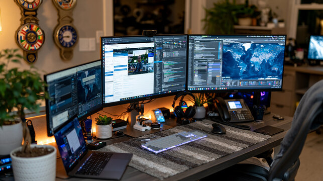 Remote-first startup team visible through multiple monitor screens in home office setup, asynchronous collaboration tools open, founder managing distributed workforce across time zones, global hirin