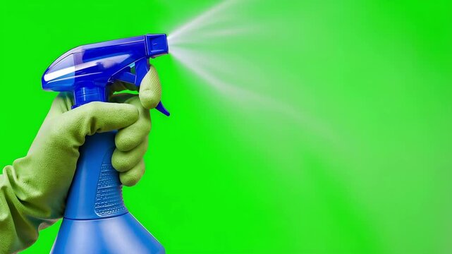 Hand Spraying Cleaning Spray on Empty Green Screen Background While Wearing Protective Glove
