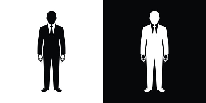 Businessman vector icon set. Front view silhouette profile of a man wearing a formal suit and tie. Clean graphic template in black and white.