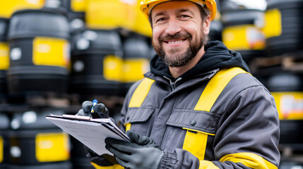 Fototapeta premium A realistic commercial stock photo of a professional male hazardous waste inspector cataloguing chemical drum storage at industrial waste management facility, safety helmet gloves